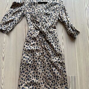 NWT Rebecca Taylor Tan and Navy&Black Animal Print Long Sleeve Dress-Silk